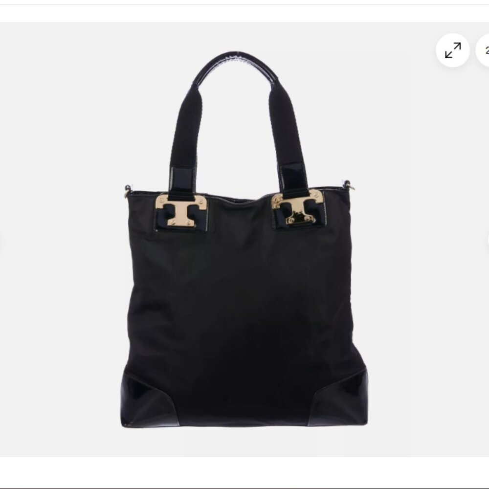 TORY BURCH Black NICO Nylon Patent Leather Large Tote